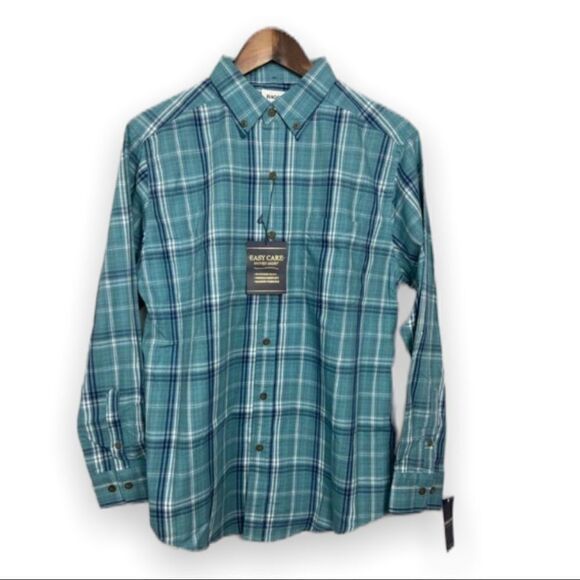 NWT Haggar Teal Plaid Button-Up Shirt Size S Easy Care Workwear Grandpacore - Picture 1 of 10